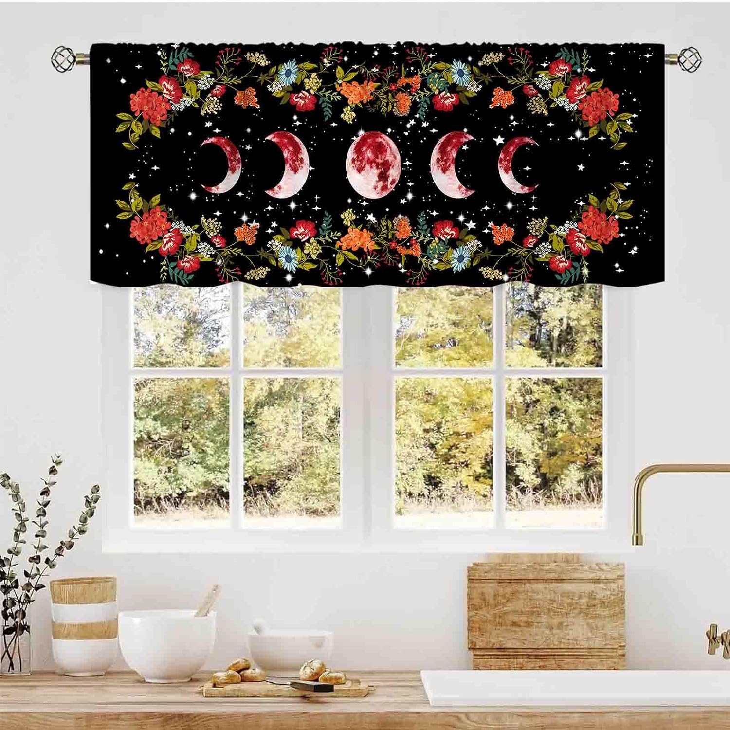 Boho Floral Valance, Retro Black Red Floral Tropical Leaves Vintage Paisley Indian Medallion Mandala Pattern Blossom Small Window Curtains for Kitchen Cafe Bedroom Living Room Bathroom, 54"x18" Inch