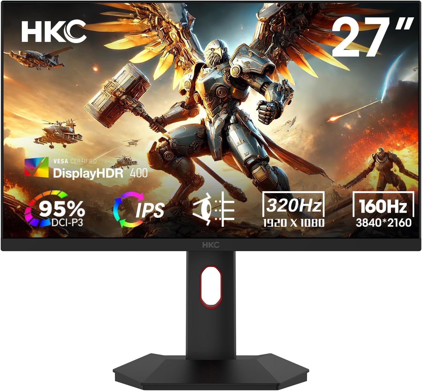 HKC G27H7P 27" 4K UHD Gaming Monitor Dual Mode 160Hz 4K Fast IPS 1ms HDR400 95% DCI-P3 Height Adjustable Ergonomic Stand HDMI 2.1 DisplayPort 1.4 Low Blue Light