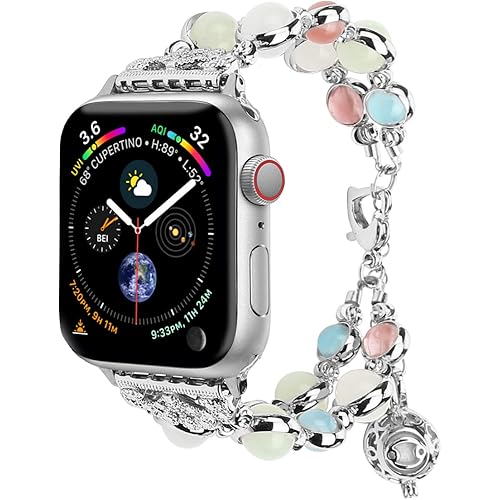 TILON For Apple Watch Band 38mm 40mm 41mm 42mm 44mm 45mm 49mm Series 9 8 7 6 5 4 3 2 1&SE, Adjustable Wristband Handmade Night Luminous Pearl iWatch Bracelet with Essential Oil/Perfume Storage Pendant for Women