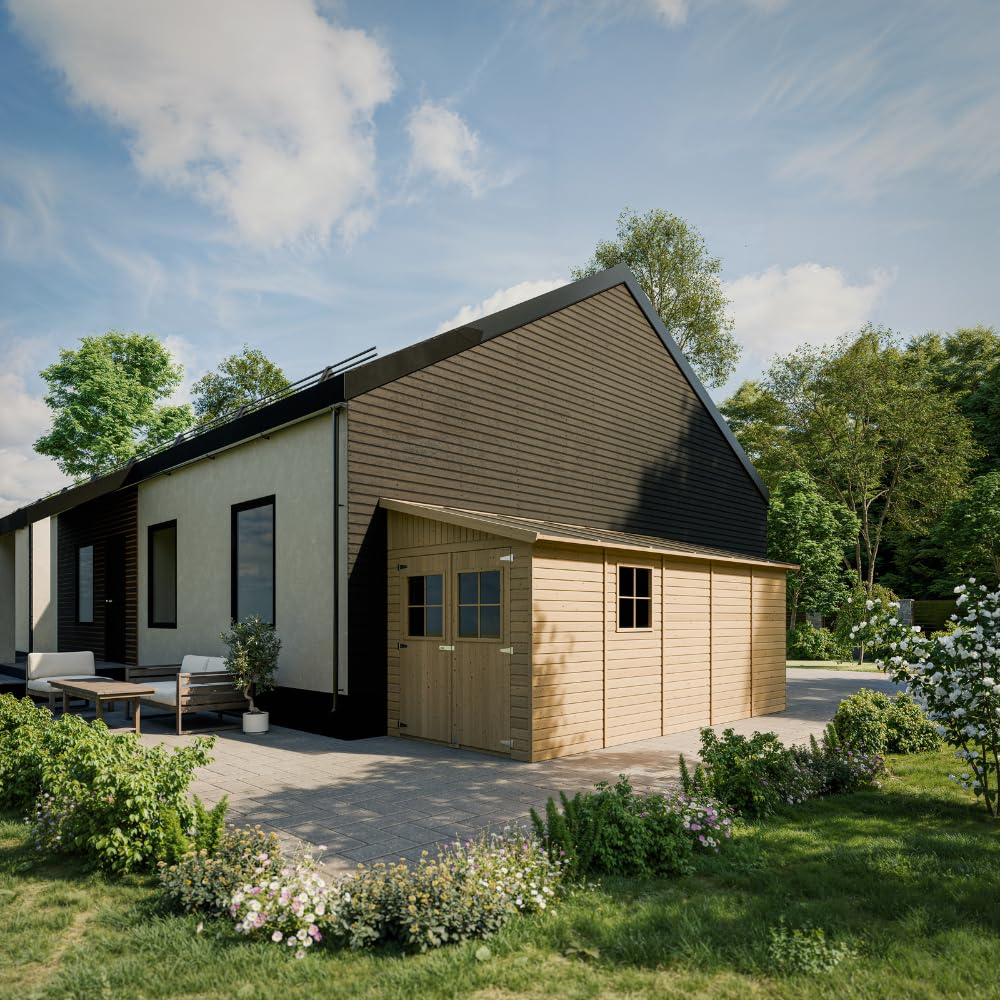 TIMBELA Gartenhaus Holz (mit Seitenwand) MIT IMPRÄGNIERTEM Boden - Geräteschuppen mit Fenstern - H244x216x514 cm/10,2 m2 - Gerätehaus - Fahrradschuppen - M341A+M341G