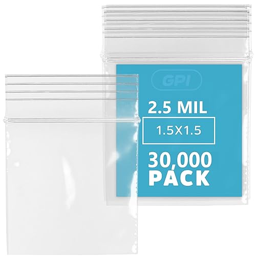 Vista 38 de 1.25 x 1.25 pulgadas, bolsas transparentes con cierre de 2.5 mil, caja de 100 GPI