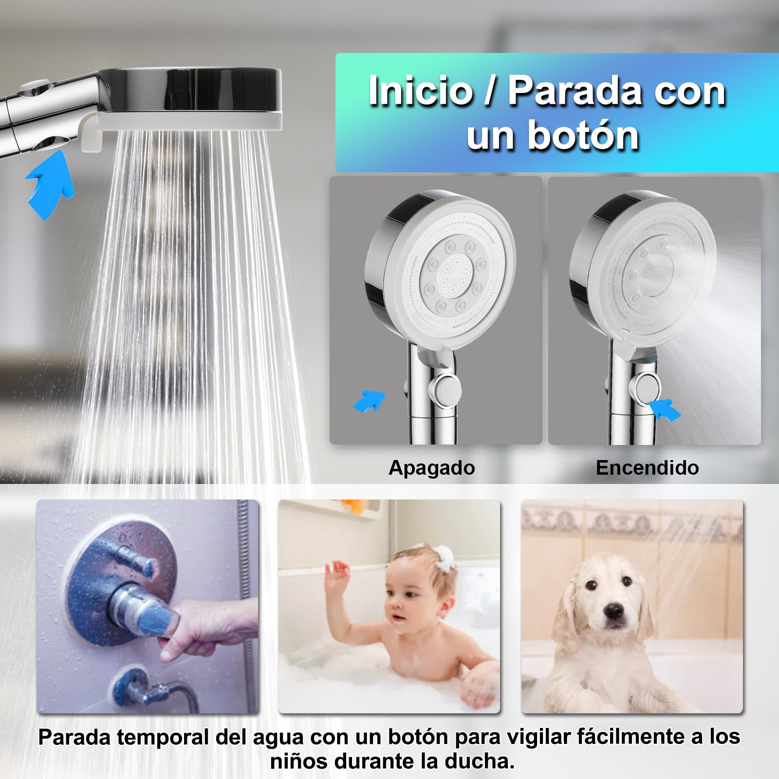 Alcachofa Ducha con Manguera, Alcachofa de Ducha con Filtro Alta PresióN para Ahorrar Agua con 5 Modos, Shower Head with Hose para Zonas con Baja PresióN de Agua, Cromado Blanco