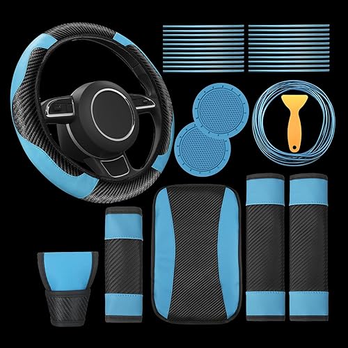 Miniatura 8 de Juego de 30 piezas de accesorios de automóvil de piel sintética para volante, protector antideslizante para volante, tiras de ventilación de