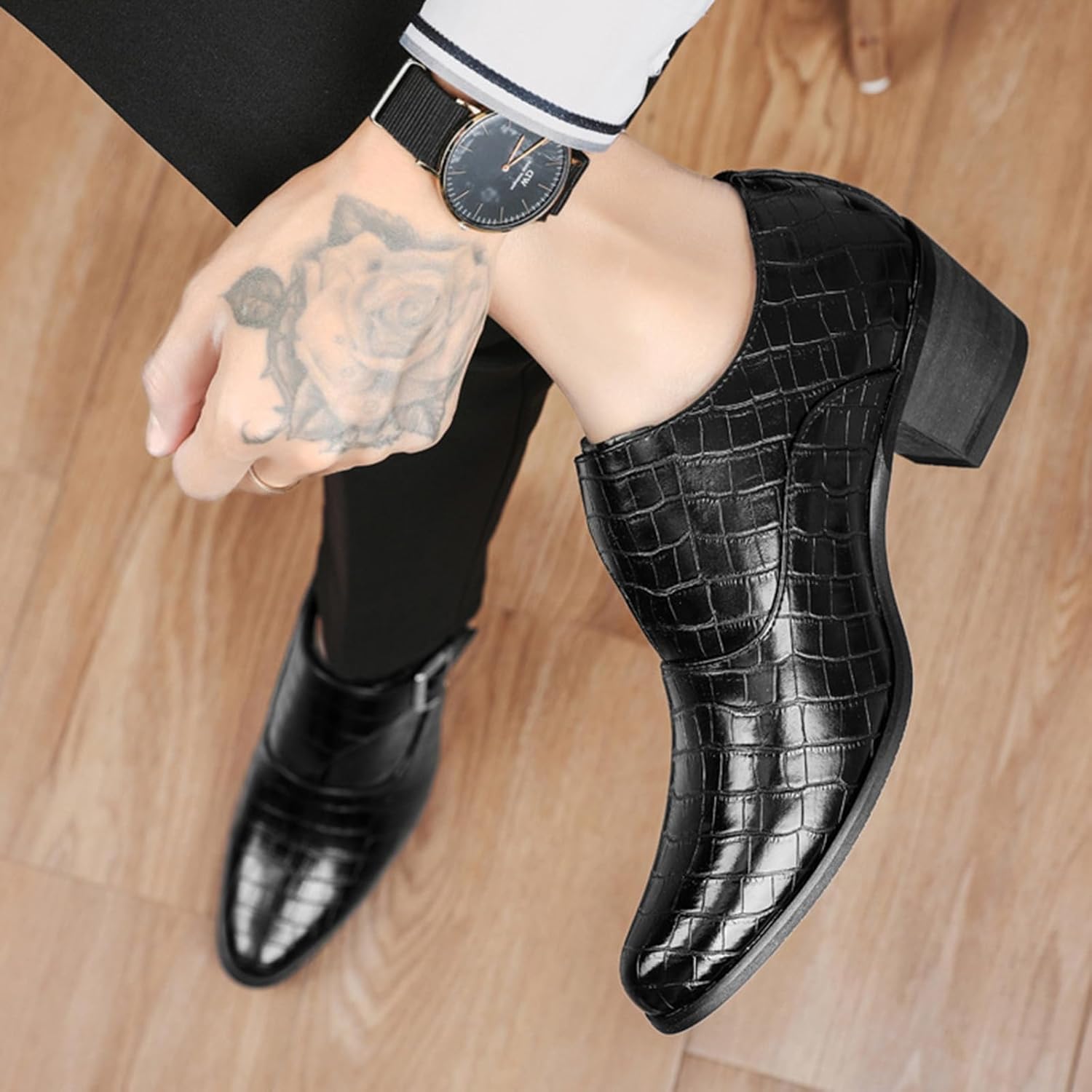 Men's Stone Pattern Chunky Heel Monk Strap Loafers Fashion Classic Pointed Toe Slip On Low Top Chelsea Business Dress Oxford Shoes - Image 6