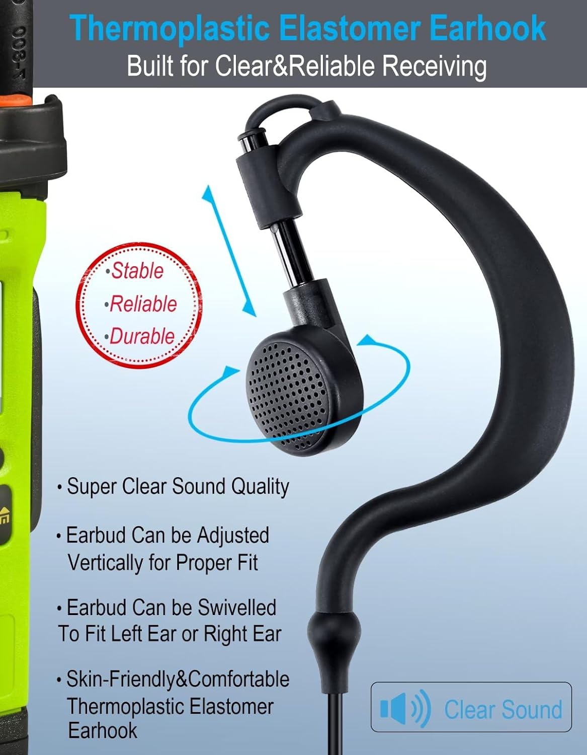 commountain CP200D CLS1410 Earpiece Compatible for Motorola Radios R2 CLS1110 CP100D CP200 CP185 BPR40 BPR40D DTR700 DTR650 RDU4100 RDU4160D RMU2040 RMU2080D CLS CP, G Earhook Headset Ear Piece-2 Pack