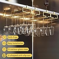 Vista 2 de LINFIDITE Soporte dorado para copas de vino debajo del gabinete, paquete de 2, ahorro de espacio, fácil instalación, antideslizante, diseño