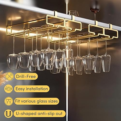 Miniatura 2 de LINFIDITE Soporte dorado para copas de vino debajo del gabinete, paquete de 2, ahorro de espacio, fácil instalación, antideslizante, diseño