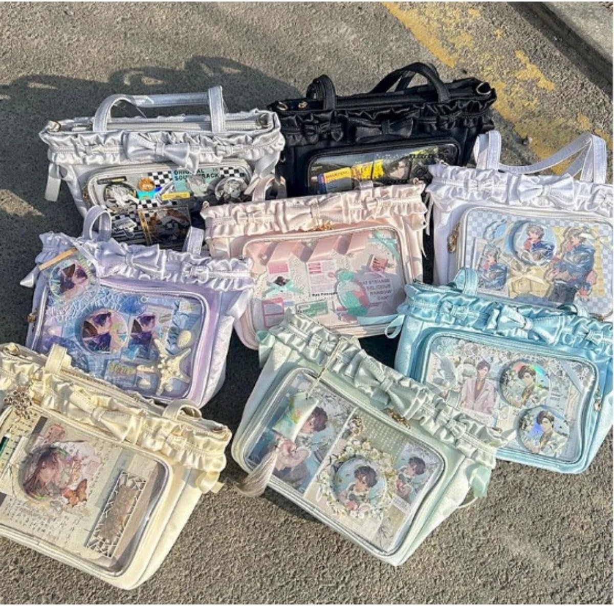 Lolita Ita Bag with Display Window, Ruffle Trim Tote Shoulder Bag, PU Leather Women's Single Shoulder Crossbody Bag