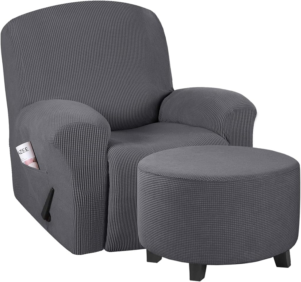 H.VERSAILTEX 1 Piece Recliner Slipcovers Bundles Round Ottoman Slipcover(Medium, Gray)