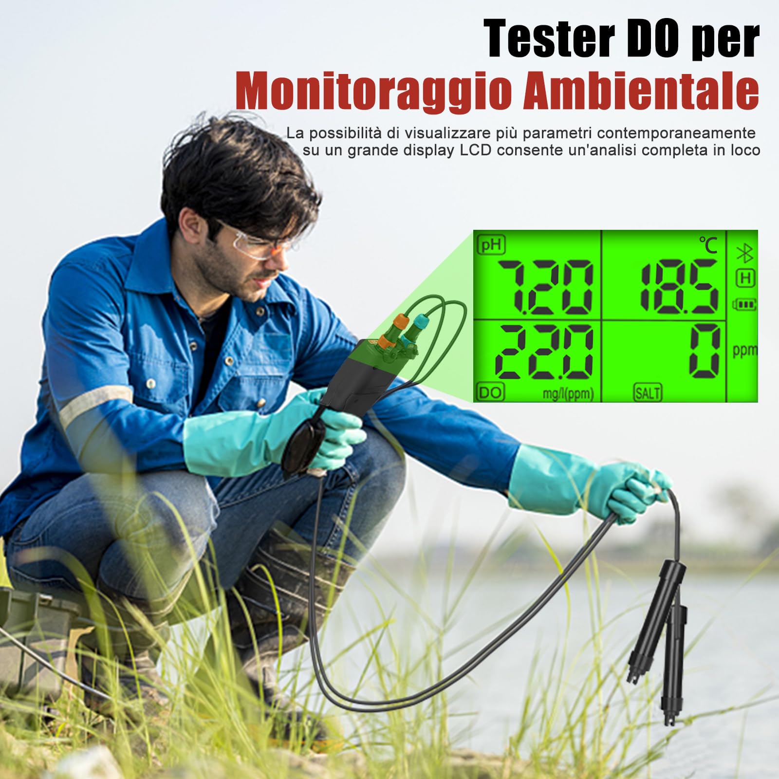 Misuratore di Ossigeno Disciolto 6 in 1 Smart DO pH Salinità TDS EC Temp. con Compensazione Sale per Acquari Dell'acqua Tester di Ossigeno per Laghetti Kit di Test del pH per Acquari