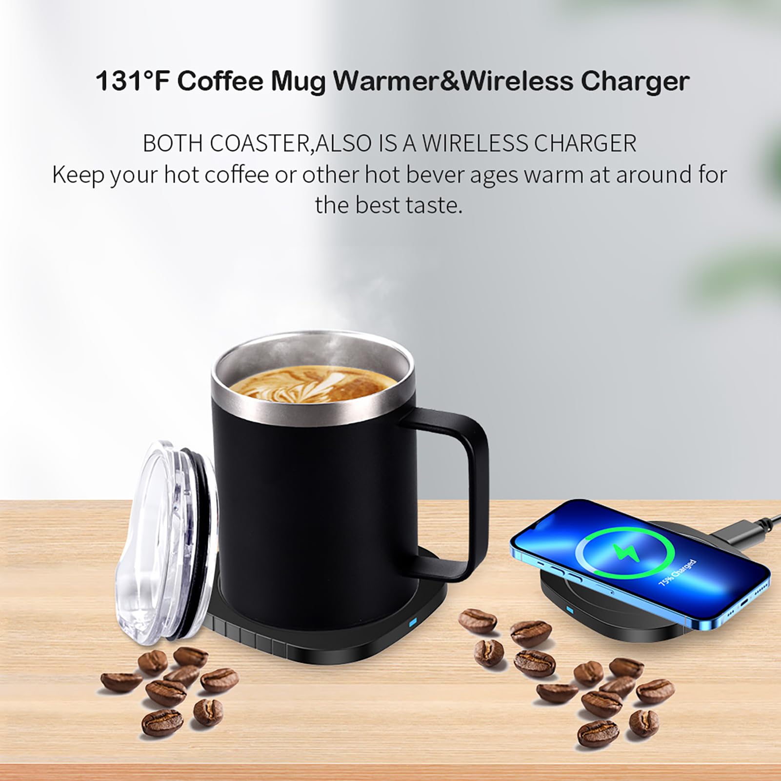 HUIOP calentador de tazas,Calentador de tazas de café 2 en 1 y cargador inalámbrico con taza y tapa 131.0 °F/131 ℉ Temperatura constante inteligente 10.5 oz Calentador de tazas de bebidas de acero ino
