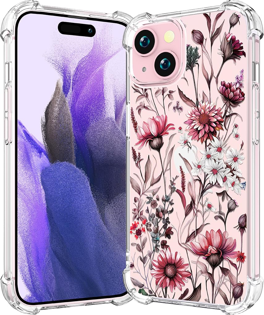 Cute iPhone 15 Plus Case Clear for Women - Rugged Phone Case Funda Protector Protectores Cover Skin para Compatible with iPhone 15 Plus (Pink Flowers Florals Wild)