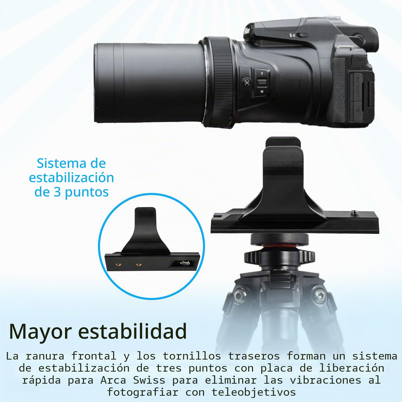 Placa de liberación rápida Arca Swiss, soporte de cámara, compatible con Nikon P1000/P1100, placa base extendida para un mejor equilibrio y estabilidad