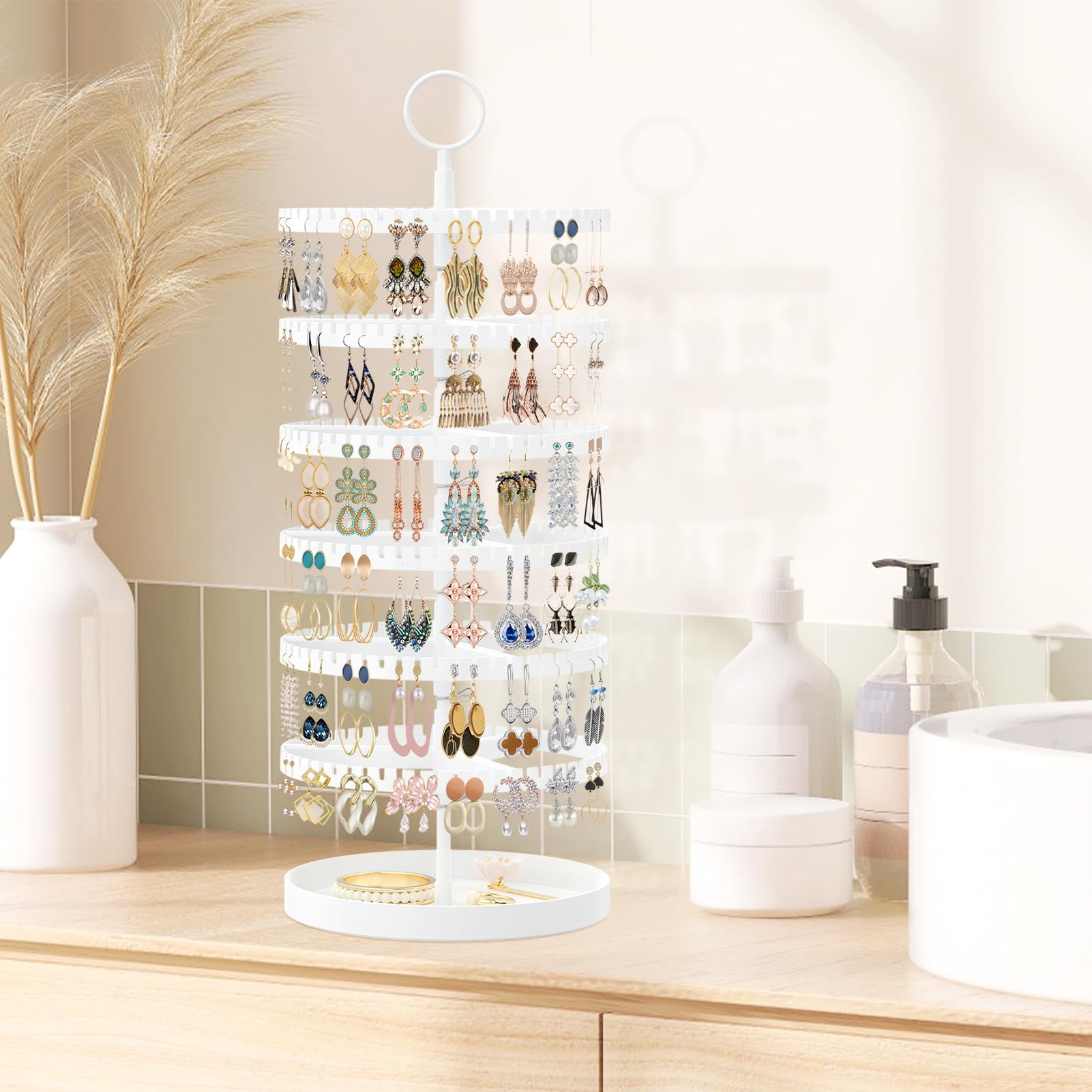 iDavosic.ly Présentoir à boucles d'oreilles à 6 étages avec plateau en métal - En plastique réglable - Avec 342 rainures - Pivotant - Arbre pour filles et femmes - Blanc