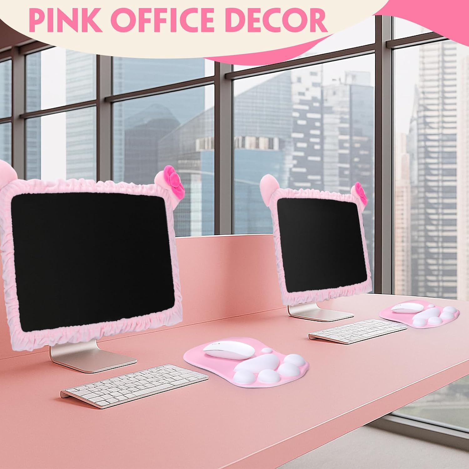 Remagr 2 Pcs 20''-29'' Kawaii Pink Computer Monitor Cover with Cat Paw Mouse Pad, Cat Ear Design Monitor Dust Cover Protector Cute Pink Mouse Mat Computer Accessories Lcd Screen Decoration for Tablet