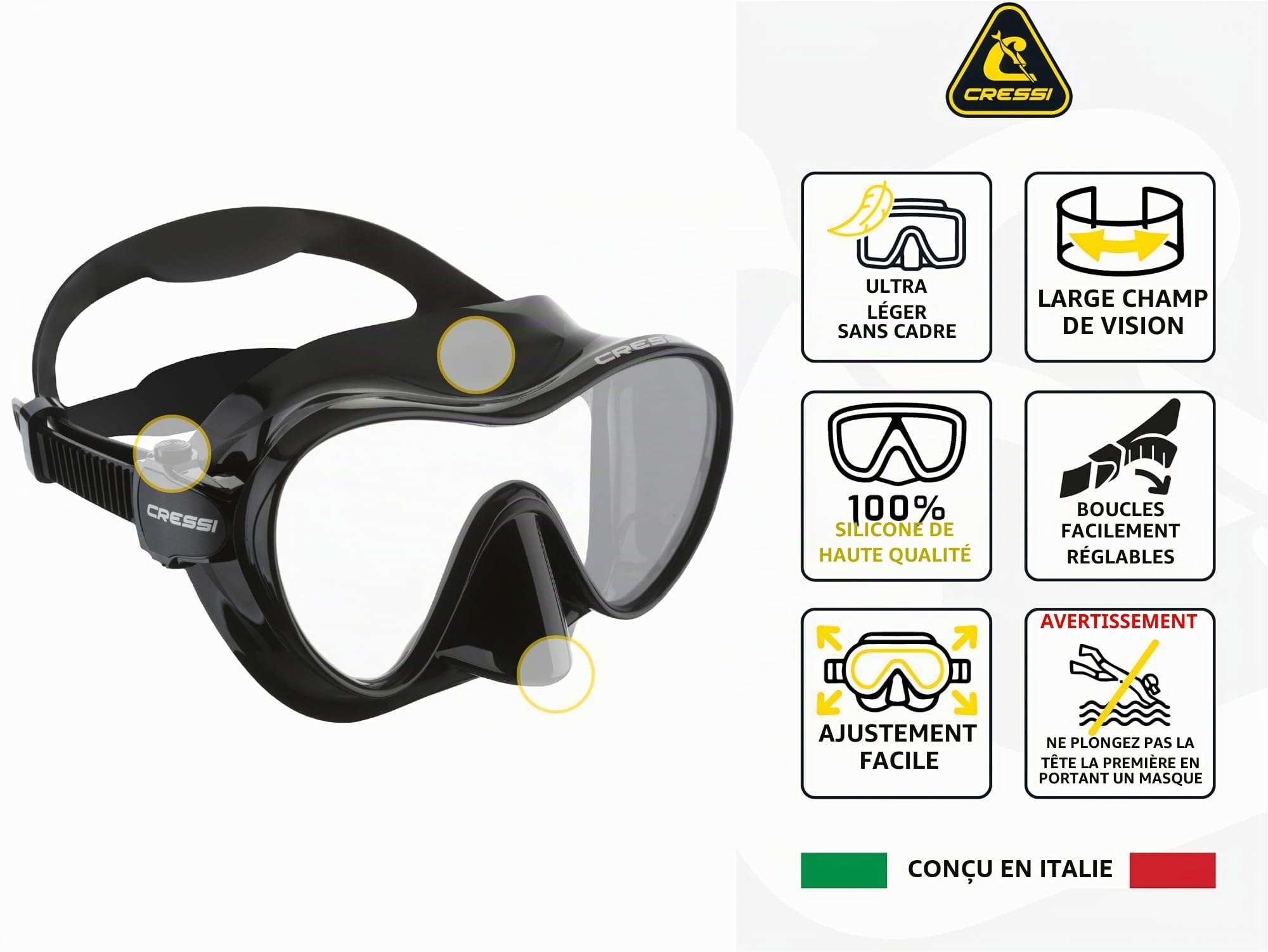 CRESSI F1 - Masque sans Cadre F1 ou Combo Set Masque + Tuba Sec pour la Plongée et Le Snorkelling, Taille Unique, Unisex