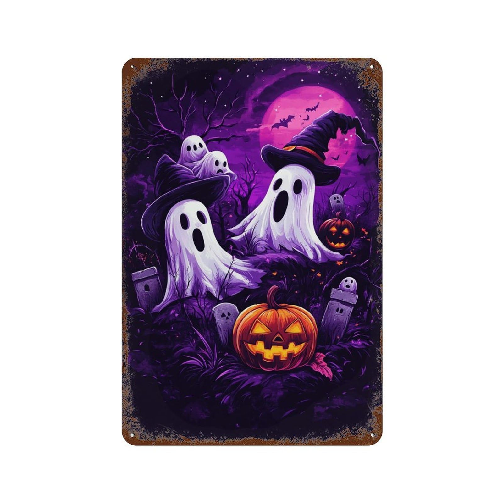 Halloween Ghosts And Pumpkins Vintage Wall Sign 11.8"x7.9", Rust Effect Metal Decor for Garage, Bar And Workshop Decor