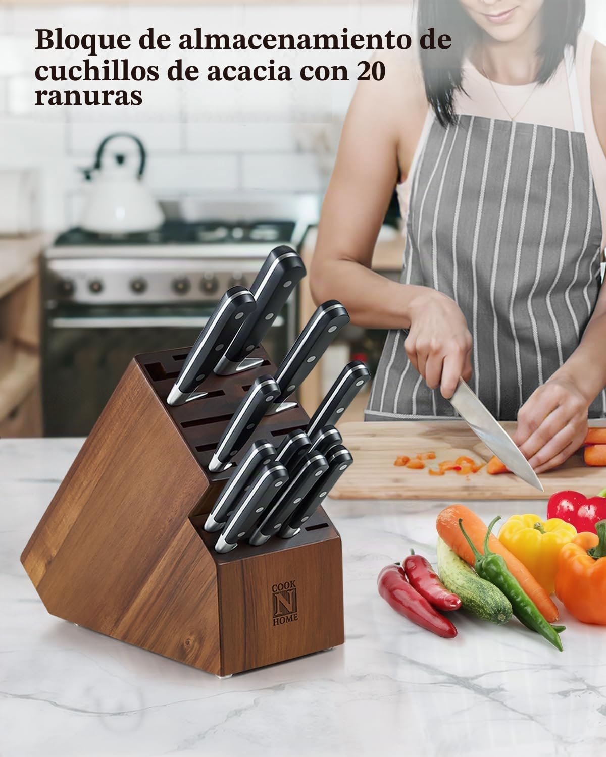 Cook N Home Bloque de almacenamiento para cuchillos, 20 ranuras, madera de acacia, 2660