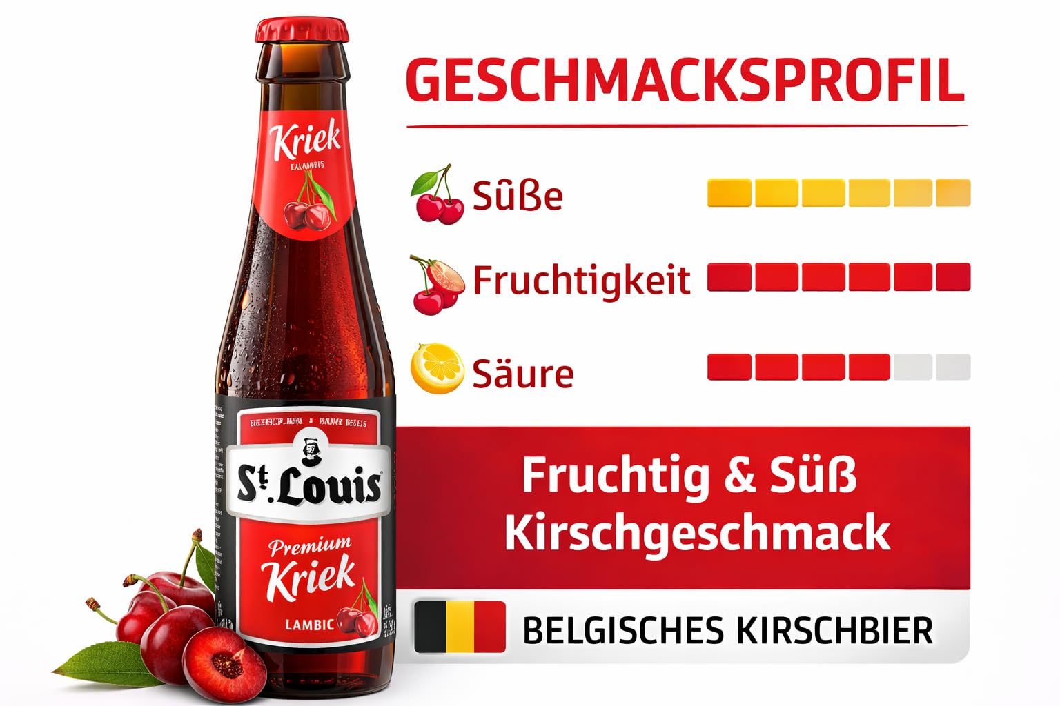St. Louis Kriek Kirschbier aus Belgien – 12x 0,25l Flaschen – Belgisches Fruchtbier mit Kirschgeschmack – Süß & Fruchtig – Traditionelles Belgische Bier Spezialität