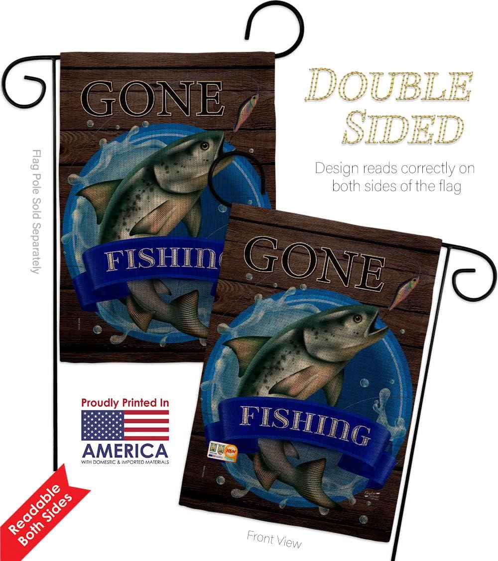 Gone Fishing Burlap Garden Flag Sports Outdoor Camping Fish Dock Lure Entertainment Activity Physical Small Decorative Gift Yard House Banner Double-Sided Made In USA 13 X 18.5