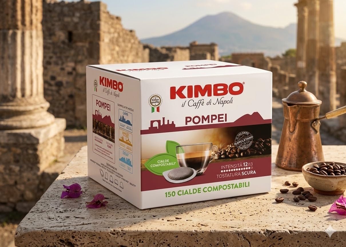 Caffè KIMBO, Le Meraviglie del Gusto, Miscela POMPEI, 300 Cialde Compostabili ESE, Miscela Forte e Decisa, Intensità 12/13, Tostatura Scura, 2 Pack da 150 -DD-