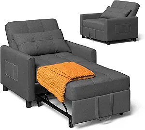 Xbro 3-in-1 Sleeping Chair Sofa Bed, Convertible Chair with Bed Function, Sofa Bed with Cushion and Side Pocket, Armchair with Sleep Function for Small Apartment (Dark Grey)