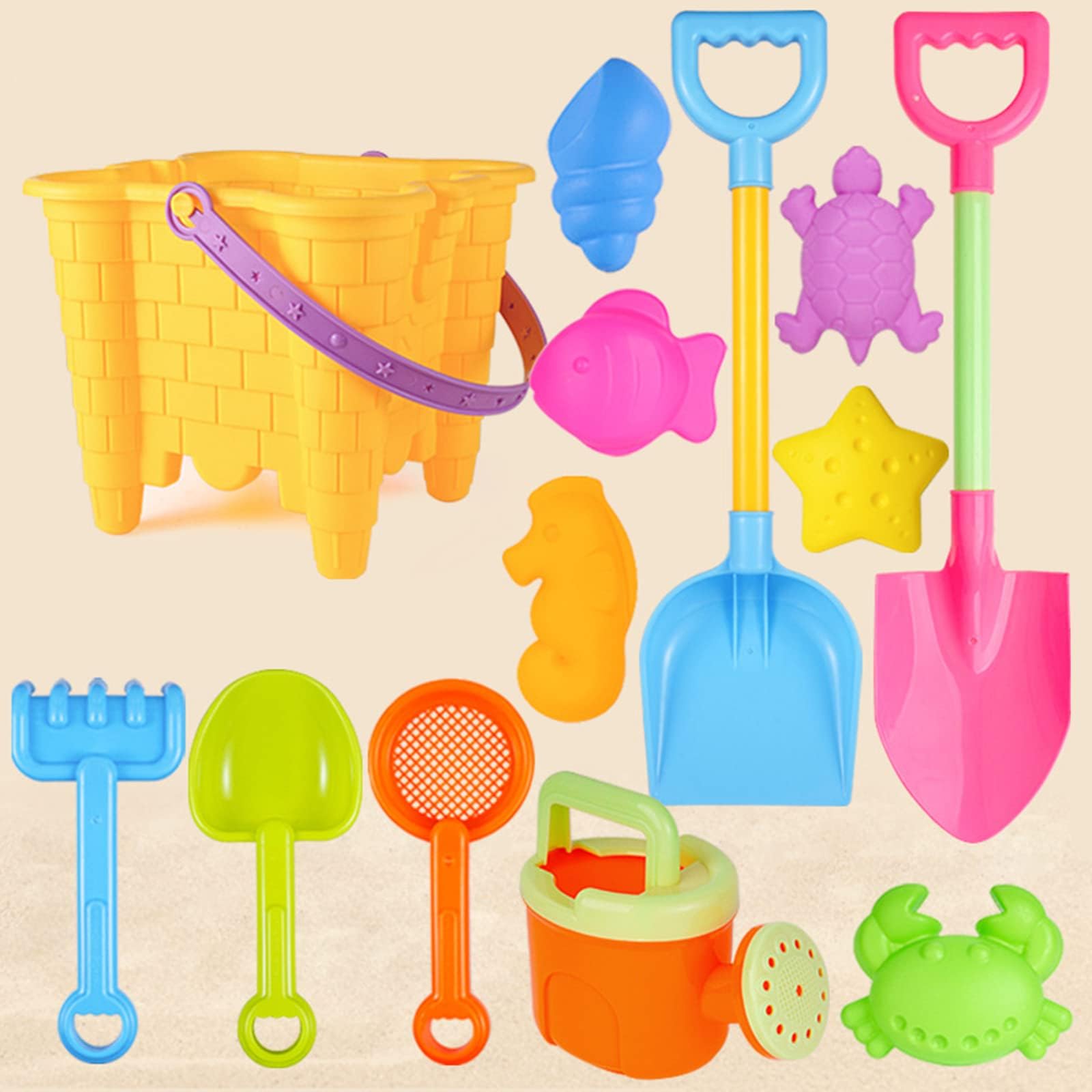 Children's Beach Toy Set, 13 PCS Sand Castle Toys for Kids with Sand Castle Bucket, Shovel Sets, 6 Sea Creatures Molds, Watering Can, Sandbox Toys for Seaside Holiday, Beach Camping