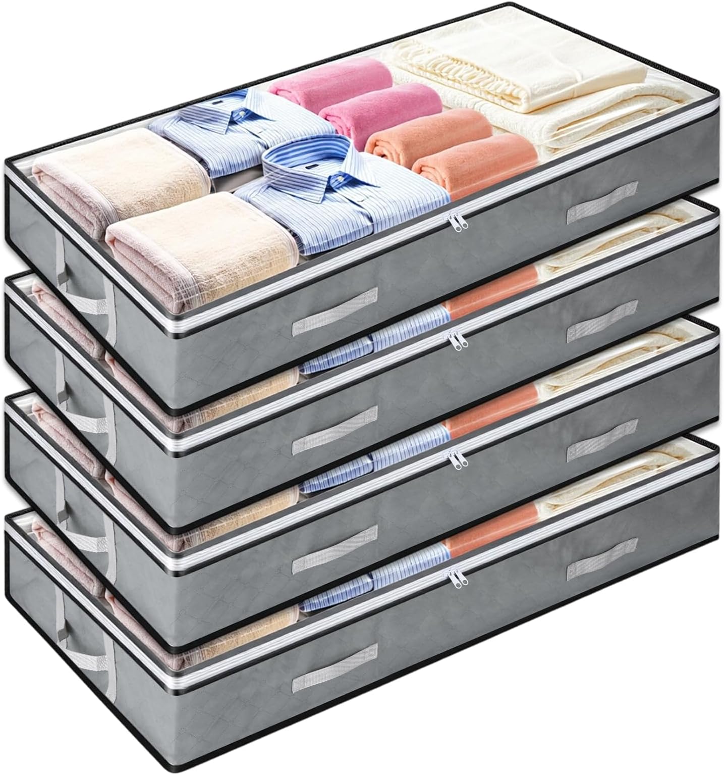 4 Pack 5.5 Inches High Under Bed Storage Containers, Low Profile Under Bed Storage Containers, Foldable Underbed Bag Stackable Closet Organizers for Blankets Clothing Comforter Wrapping Paper