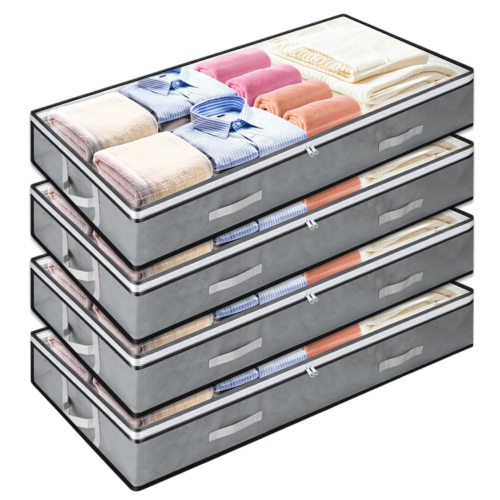 4 Pack 5.5 Inches High Under Bed Storage Containers, Low Profile Under Bed Storage Containers, Foldable Underbed Bag Stackable Closet Organizers for Blankets Clothing Comforter Wrapping Paper