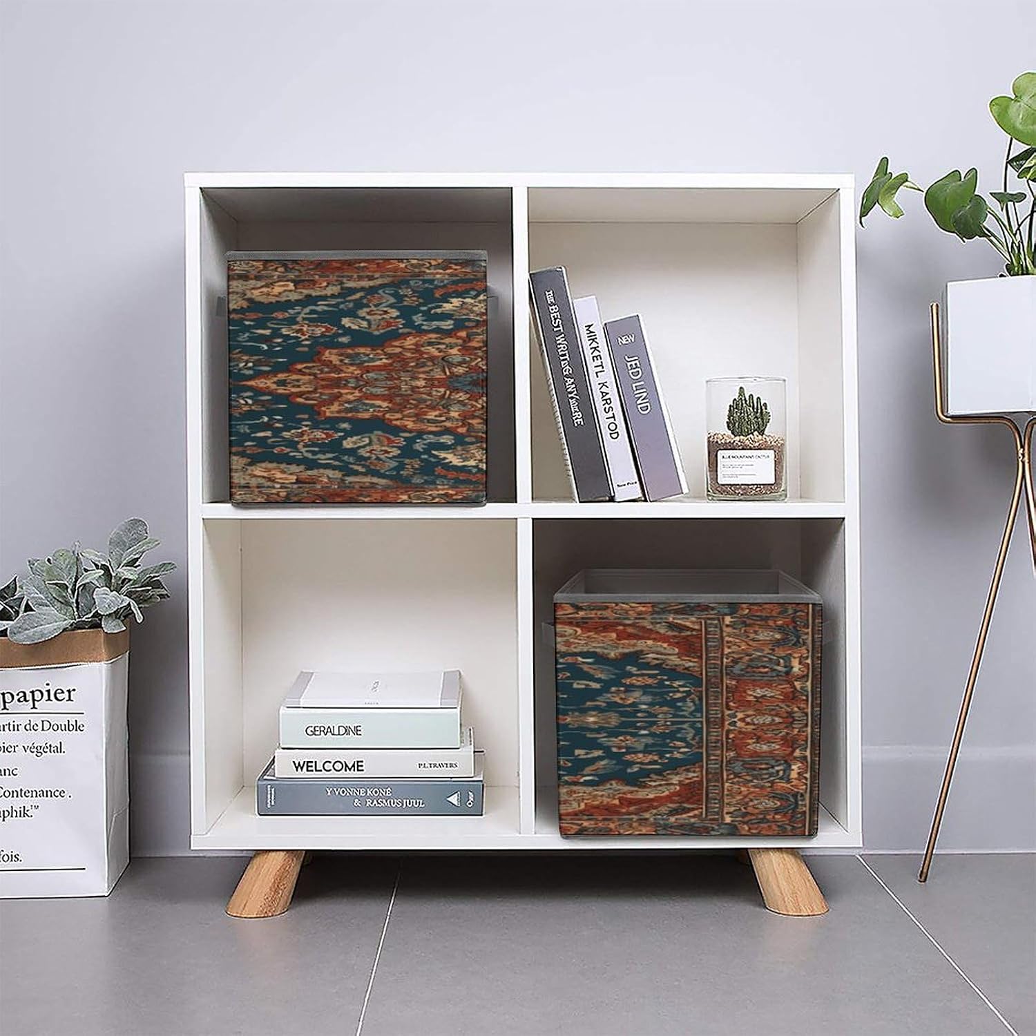 Retro Texture Pattern Fabric Bins Storage Basket Square Baskets | Storage Bin with Double Handles,Cube Collapsible Organizers for Organization,Closet,Shelves,Offices