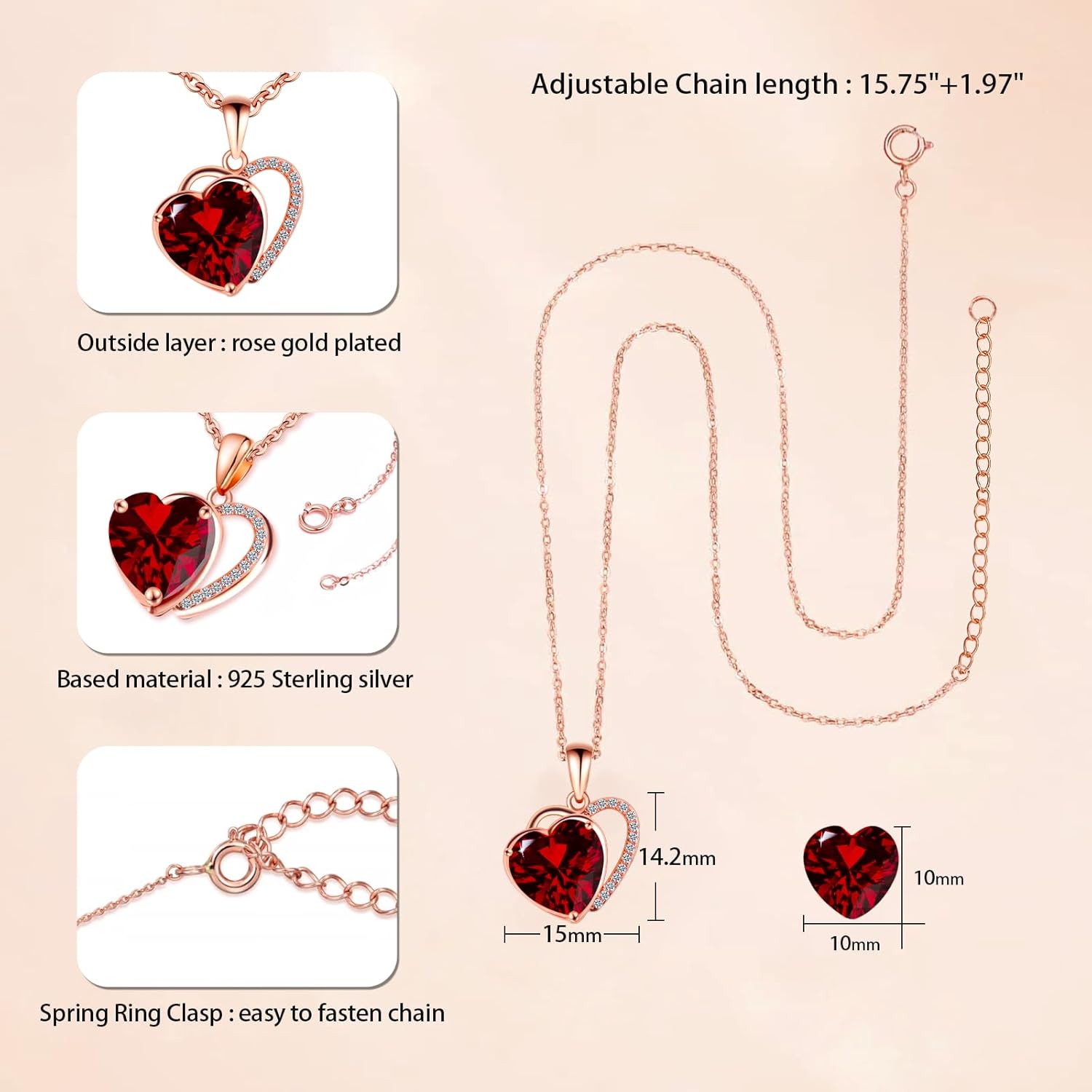 Red Heart Necklaces for Women, Rose Gold Necklaces for Her,Red Heart Birthstone Necklace ,925 Sterling Silver Heart Necklace for Valentine's Day, Silver Necklaces for Mom,Dainty Silver Heart Necklaces - Image 3