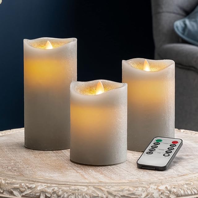 Christow LED Candles, Flickering Flameless Battery Pillar Lights, Real Wax, Warm White Glow, Remote Control with Timer & Brightness Function, Grey