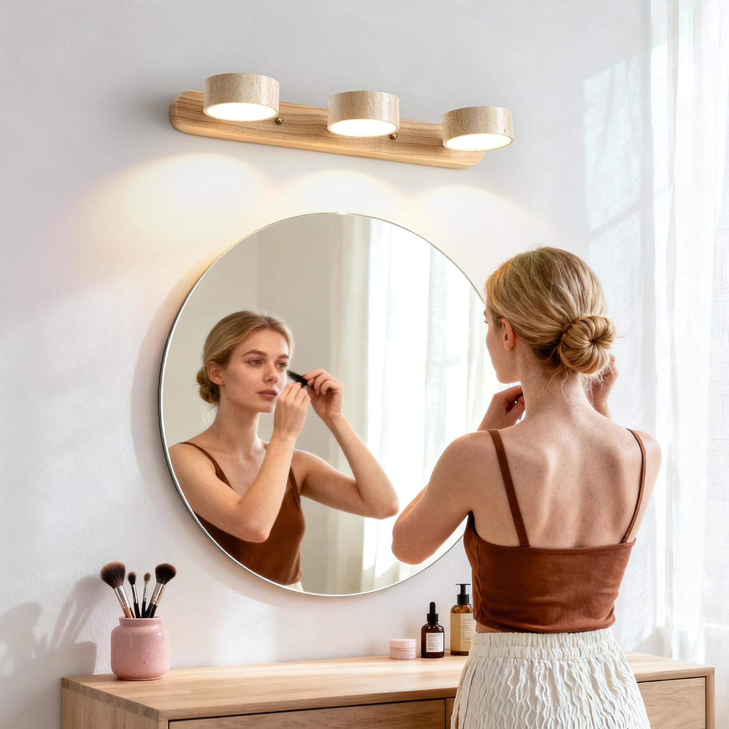 Farmhouse Wood Vanity Light, LED Mirror Light with 3 Travertine Stone Shades, 300° Rotatable Modern Rustic Vanity Lights Fixture Wall Lamp for Bathroom Bedroom Living Room Hallway