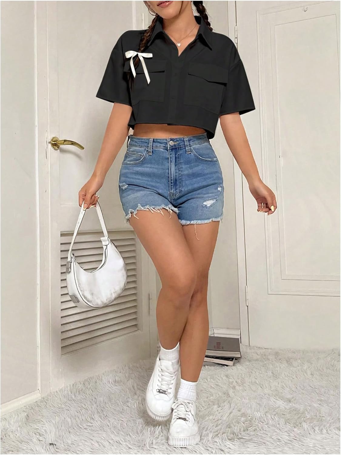 MakeMeChic Women's Cropped Button Up Shirt Short Sleeve Collar Shirts Blouse Crop Tops - Image 6