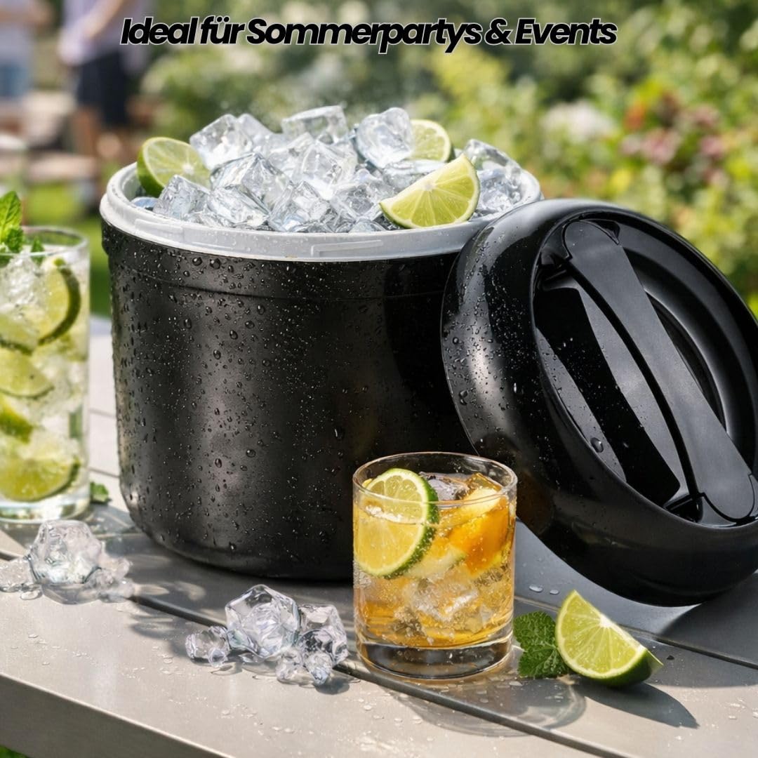 Eiswürfelbehälter 4 Liter mit Deckel – Doppelwandiger Eiskübel Schwarz inkl. gelochtem Einsatz – Isolierte 4 Liter Eisbox für Bar & Party – Robuster Ice Bucket & Eiskühler