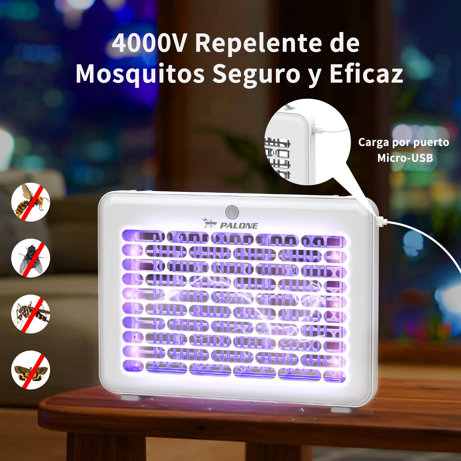 PALONE Lampara Antimosquitos 4000V, Mata Moscas Eléctrica USB 1200mAh, Trampa para Mosquitos con 3 Bombillas LED UV para Interior y Exterior, Suspendible con Cordón (30 * 22 * 4 cm)