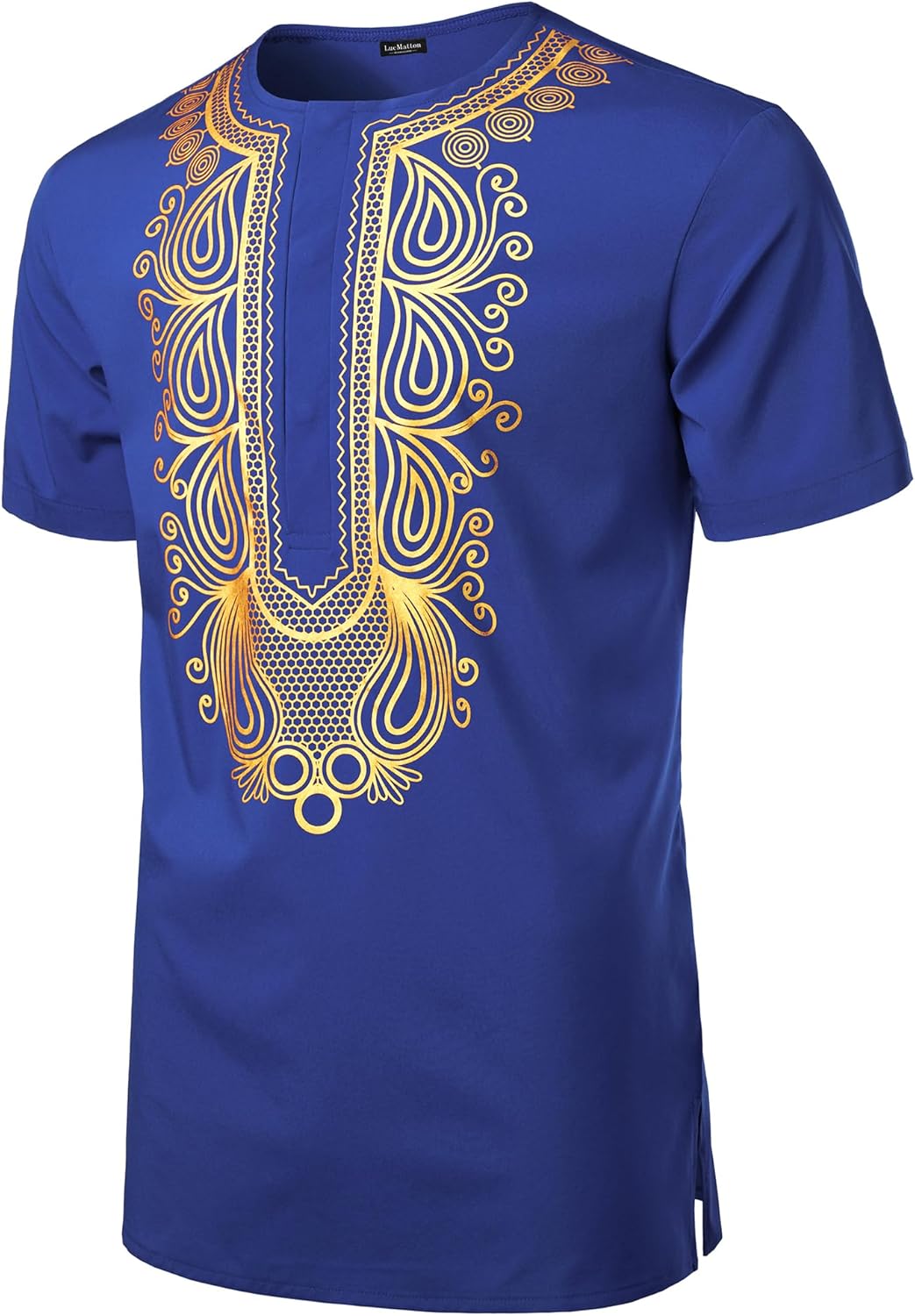 LucMatton Men's African Short Sleeve Hidden Button Shirt Metallic Foil Stamping Dashiki T Shirt - Image 2