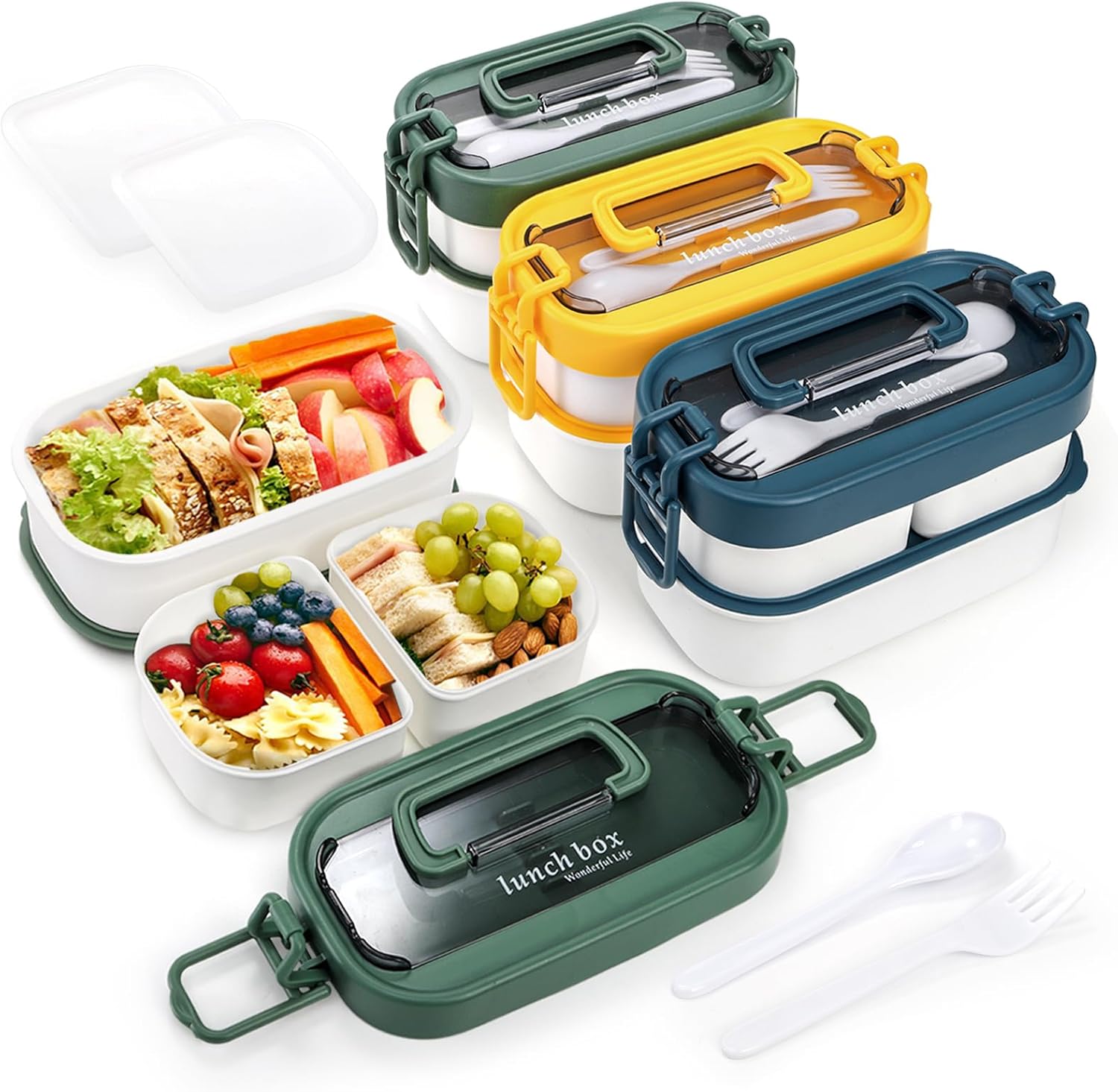 3 Pack Stackable Bento Box, Leakproof Adults Lunch Box with Spoon Fork, Portable 3 Compartments Food Storage Snack Containers with Handle for Dinner out Work Picnic, Microwave Safe - Image 5