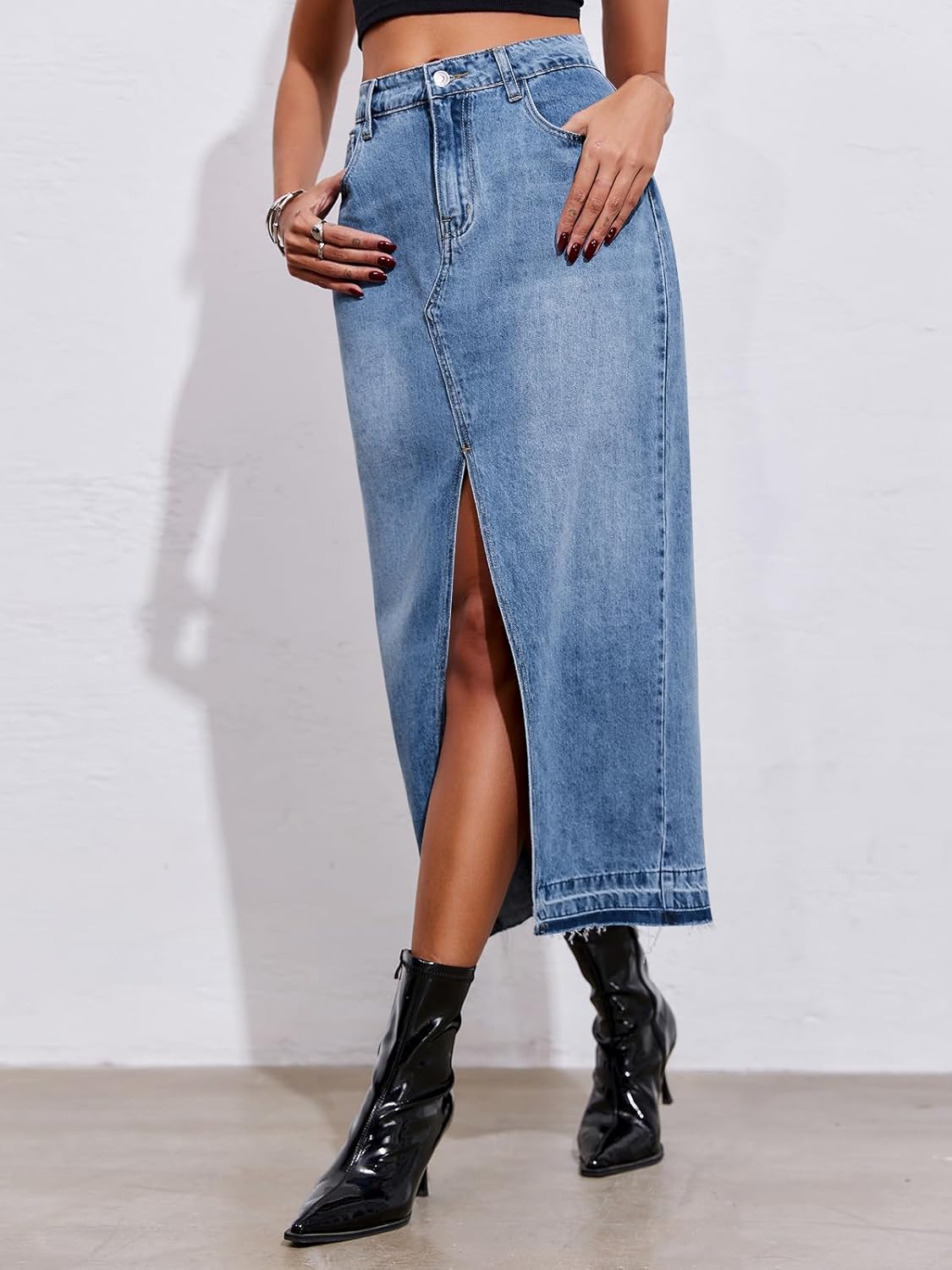 Fisoew Women's Long Denim Maxi Skirts High Waisted Frayed Hem Western Split Jean Skirt Streetwear - Image 3