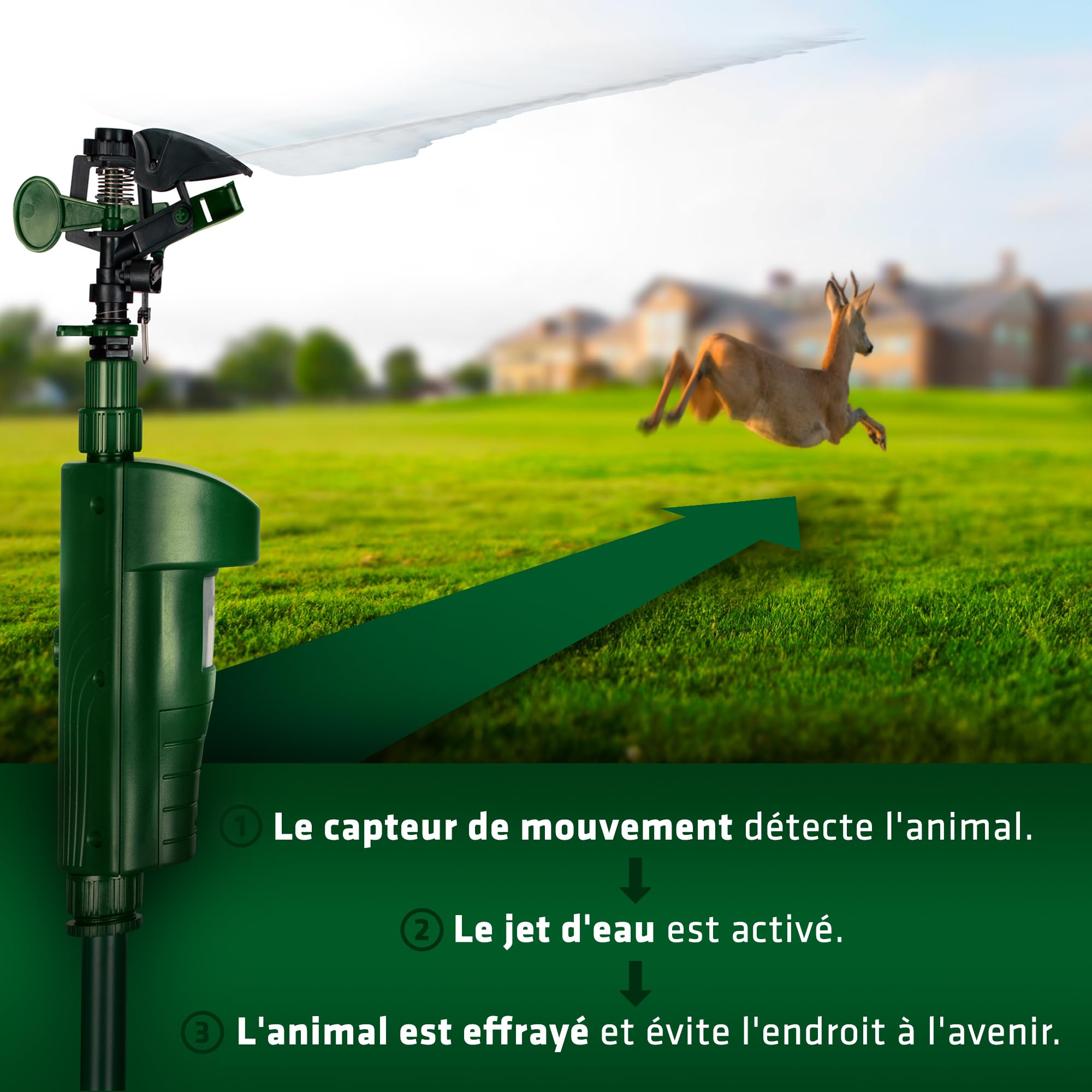 GARDIGO Répulsif à Jet d’Eau Anti-Animaux avec Détecteur de Mouvement | Portée réglable jusqu’à 10 m, installation facile. Protège contre chats, chiens, oiseaux, lapins, hérons.