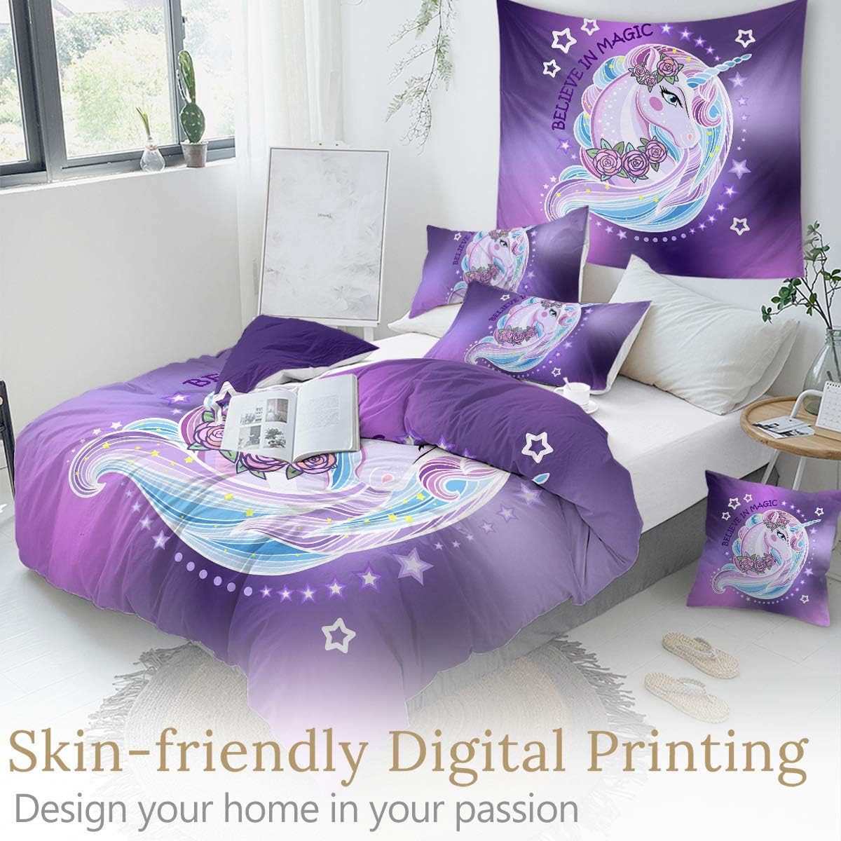 Sleepwish Unicorn Bed Set Purple Aqua Unicorn Bedding Set for Girls Full Size Kids Rose Unicorn Flower Duvet Cover 3 Piece Dreamy Cartoon Sparkle Lilac Unicorn Bedspread