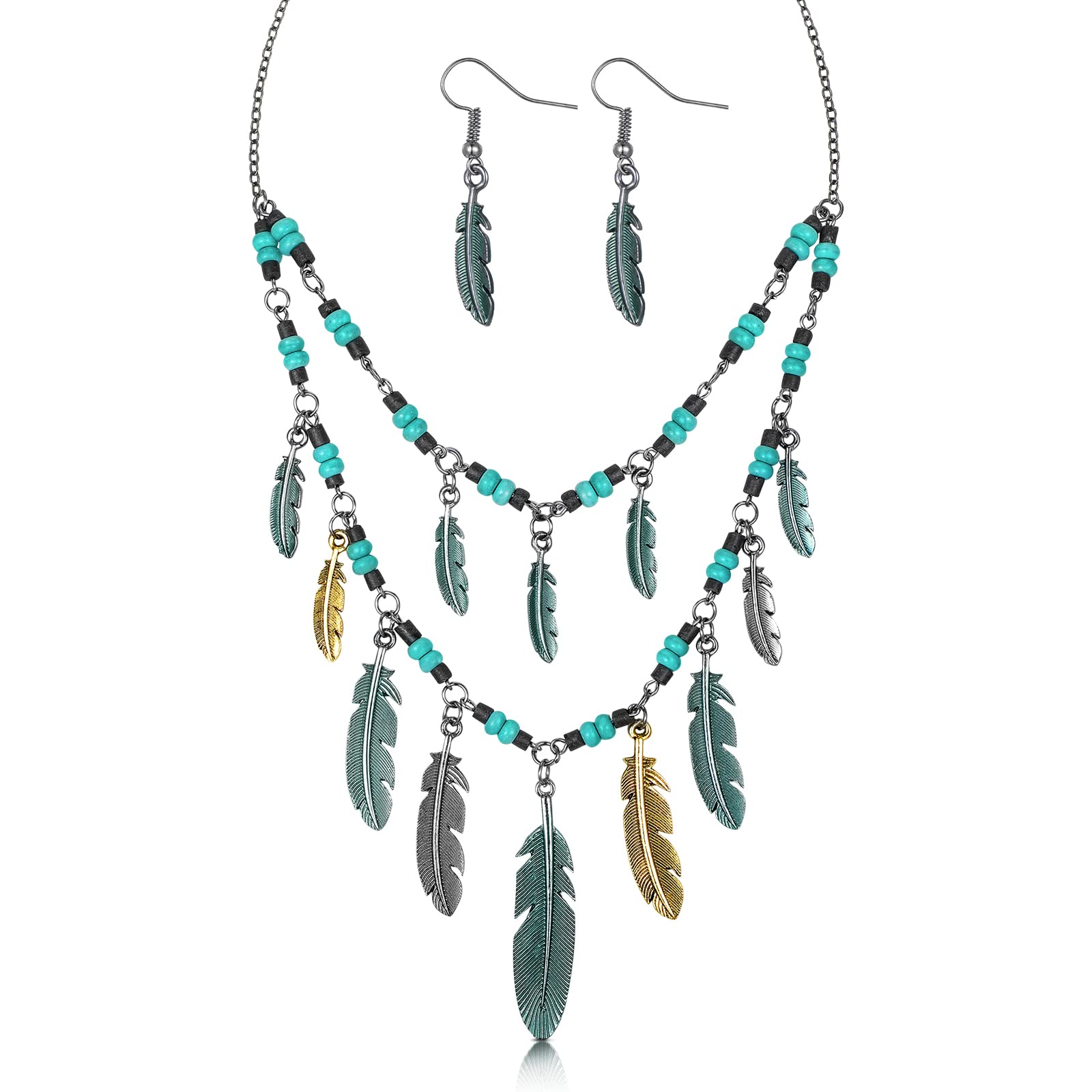 Bohemian Turquoise Jewelry Set Include Boho Metal Feathers Necklace and  Earrings Western Turquoise Gold Silver Patina Feather Pendants Vintage