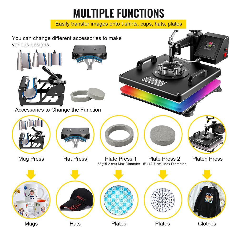 VEVOR 8 in 1 Pressa a Caldo 38x38 cm, a Trasferimento Termico, per 15x15 Pollici T-Shirt, Macchina Sublimazione di Calore Mulitifuctional per Tazza, Cappello