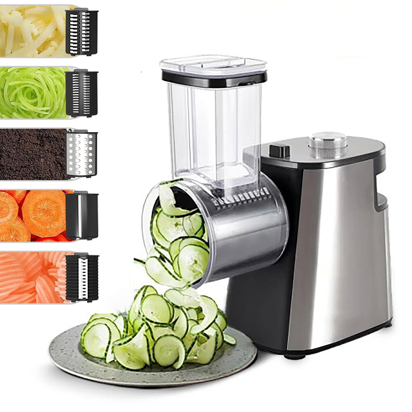 Grattugia elettrica Professionale per Verdure, affettatrice elettrica con 5 Lame in Acciaio Inox e Diametro di 7,5 cm, Tritatutto Multifunzionale per Frutta/Verdura/Formaggi
