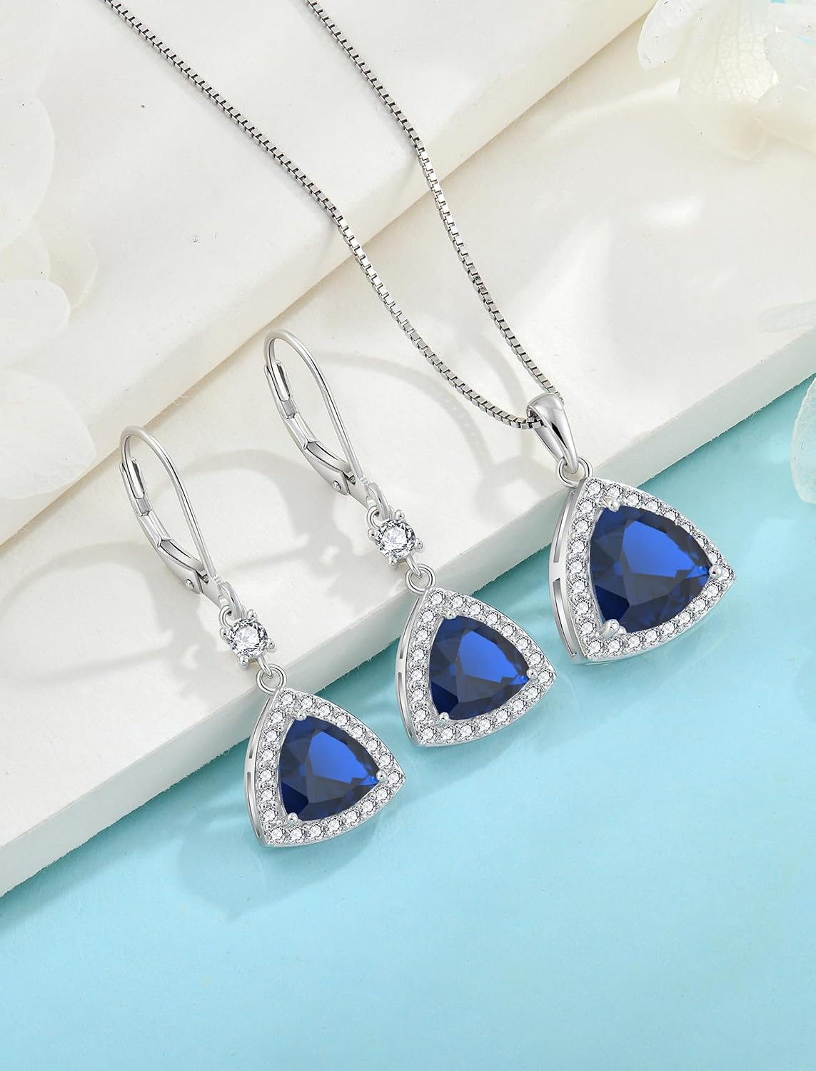 Triangle Jewelry Set for Women 925 Sterling Silver Halo Sapphire Necklace Dangle Drop Leverback Earrings September Birthstone Jewelry for Her