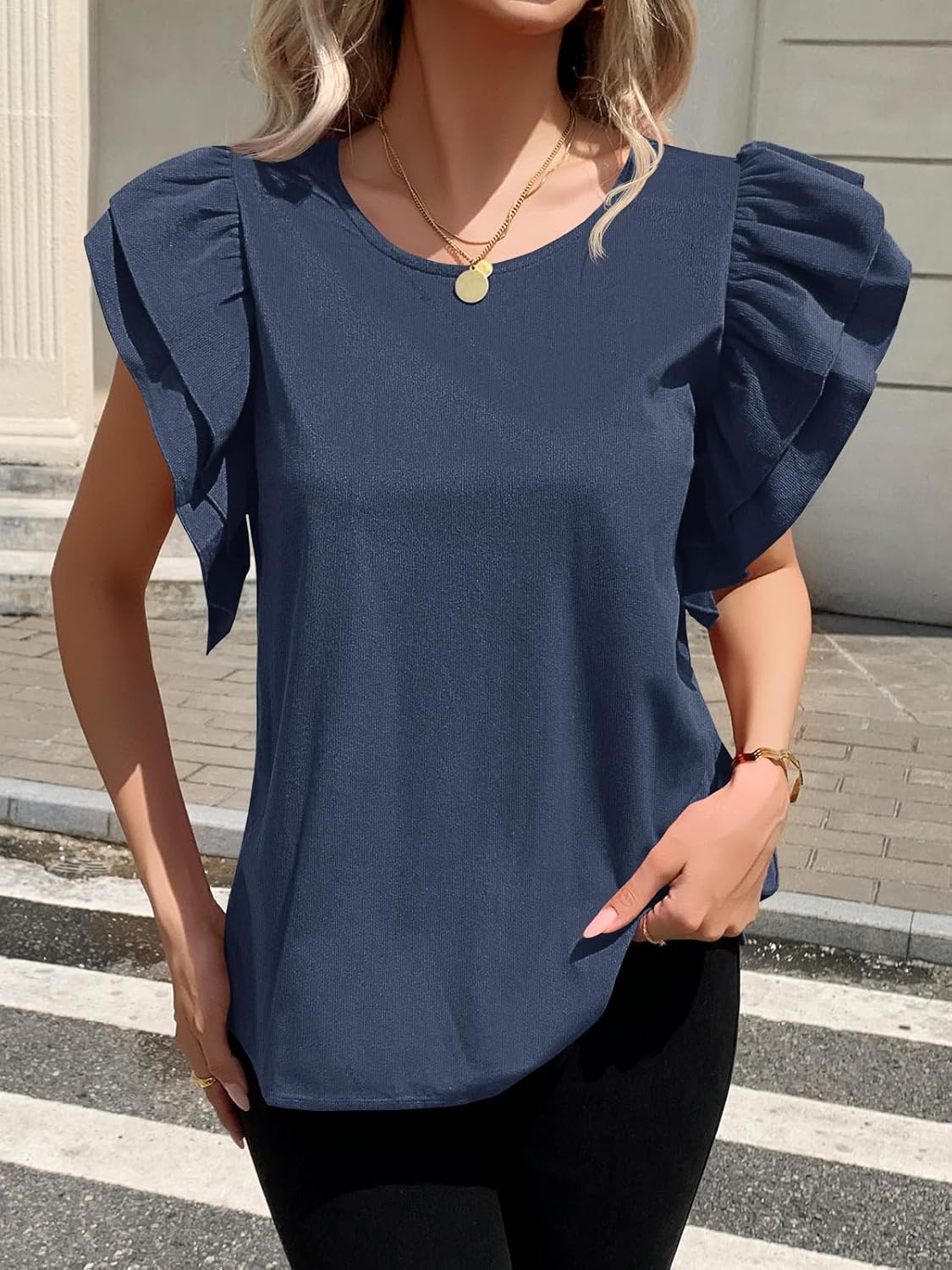 Tankaneo Womens Ruffle Cap Sleeve Tank Tops Fall Corduroy Sleeveless Shirts Casual Loose Fit Crew Neck Tops - Image 2