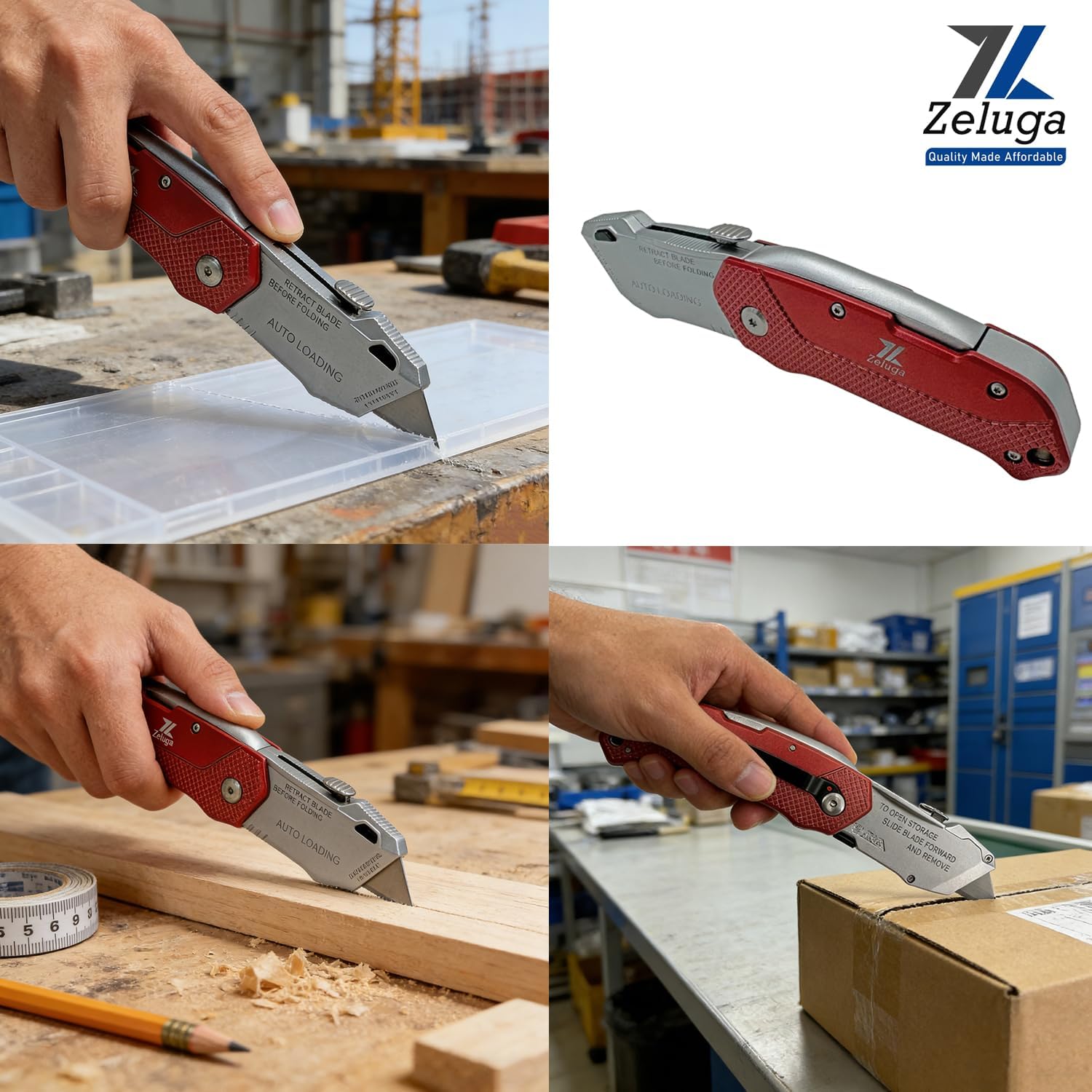 Zeluga 19-573 Folding Utility Knife with Quick Blade Change, Retractable 3-Position Depth Control, Lightweight Aluminum Body Pocket Knife with Belt Clip, Includes 3 Blades in Handle Storage