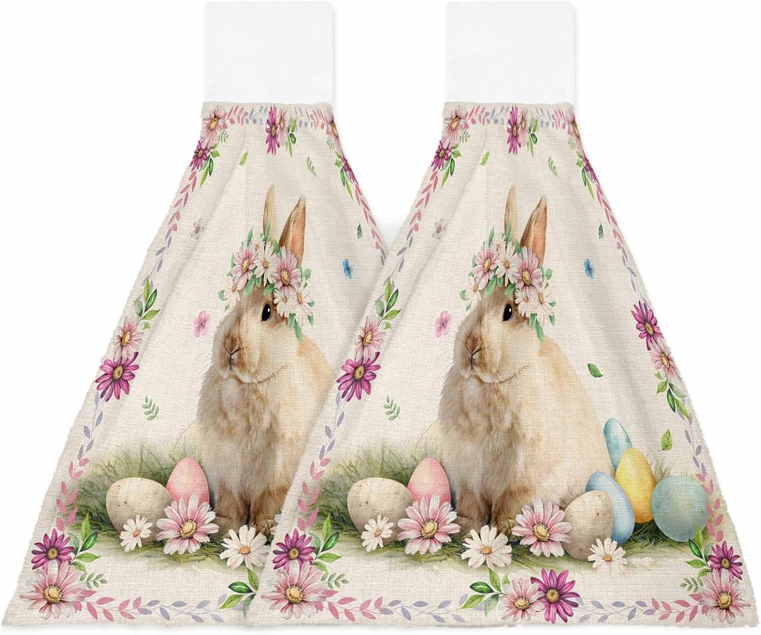Easter Cute Bunny Kitchen Hand Towels with Hanging Loops Set of 2 Eggs Spring Daisy Flowers Vintage Soft Thick Oven Fingertip Dry Microfiber Tie Dish Towel Absorbent Cleaning Washcloth for Bathroom