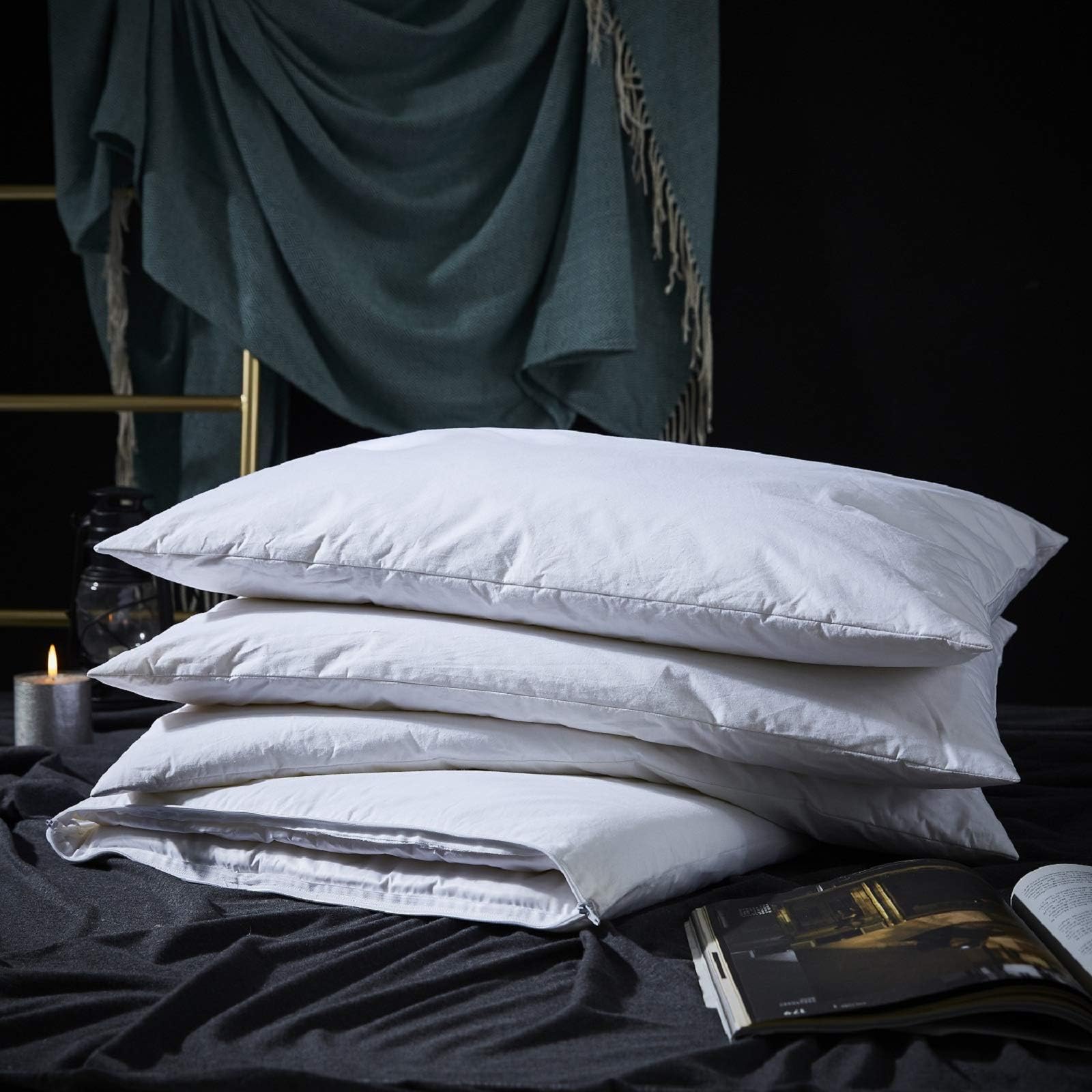 Adjustable Layer Goose Feather Pillow,Assembled Bed Pillow,100% Soft Cotton Cover,Good for Side and Back Stomach Sleeper, Standard/Queen Size,Packaging Include 1 Pillow.