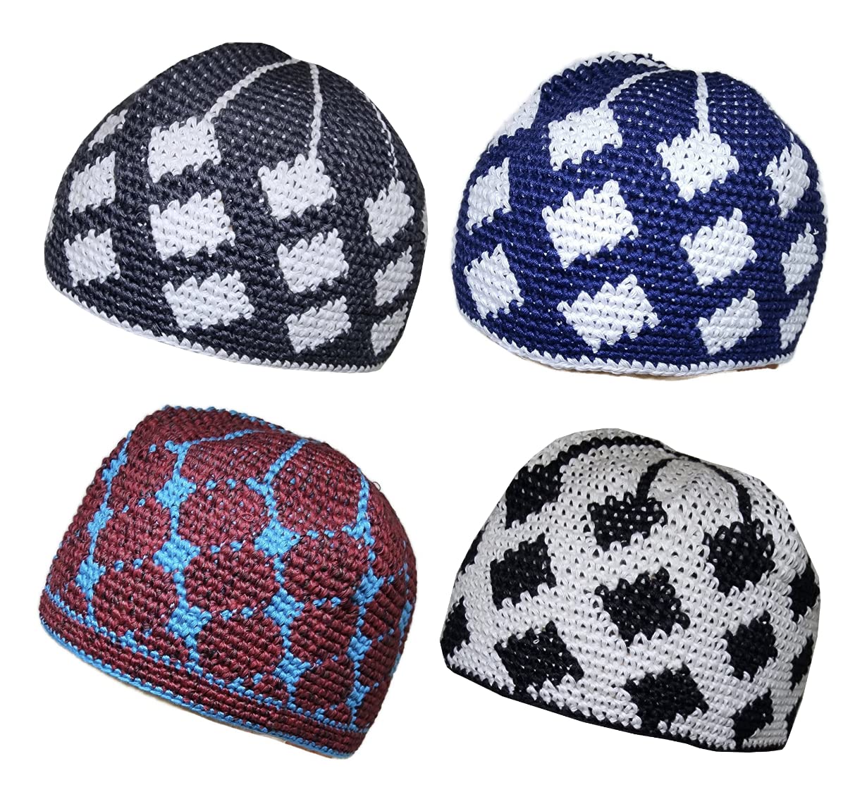 Pack 4 Colors Muslim Beanie Cap Amn-271 Islam Kufi Hat Prayer Knit Crochet Taqiyah Takke Skull Topi Ramadan Gift, Mixed Color 3, M